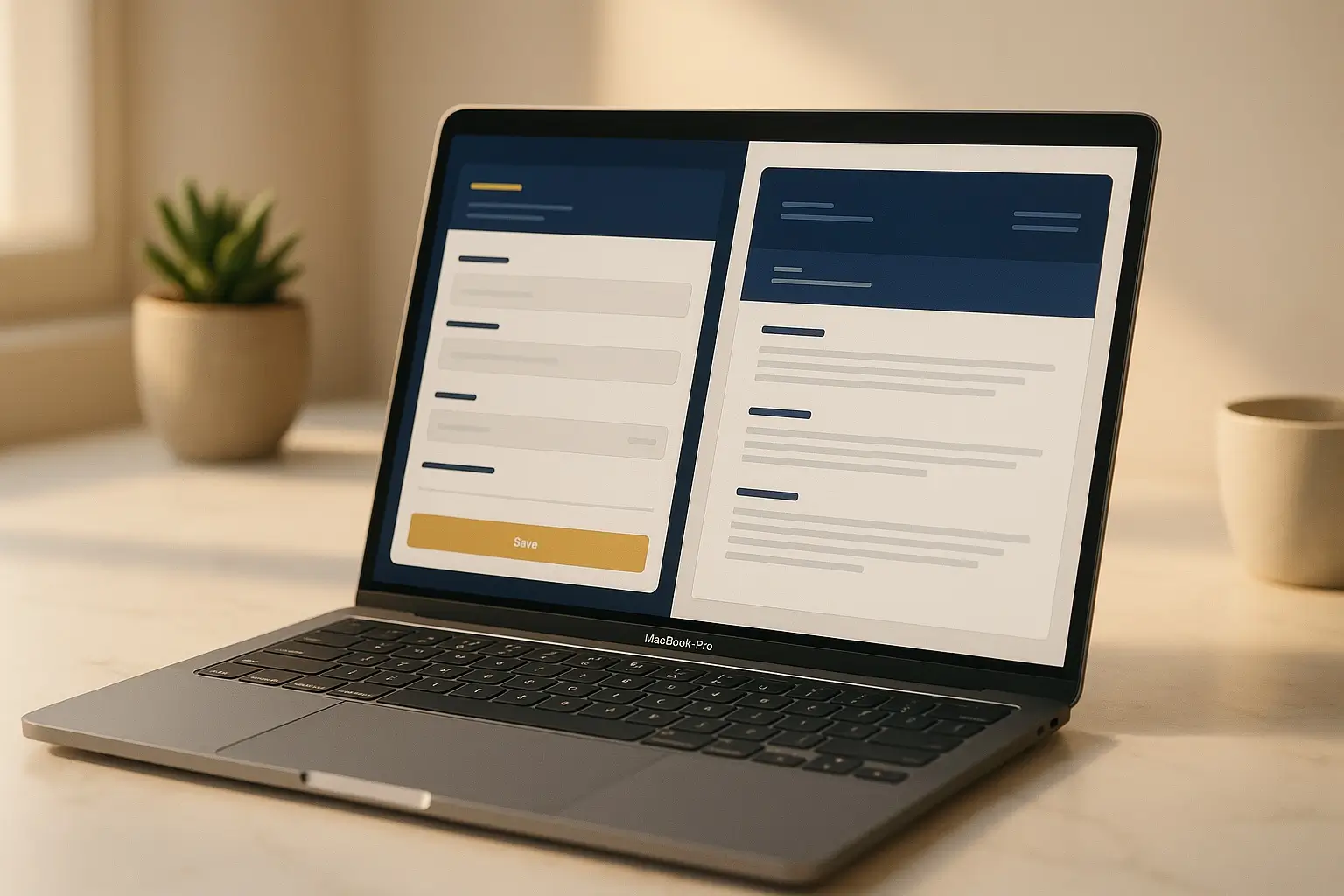 CV builder showing a split view with form fields and live PDF preview on a laptop