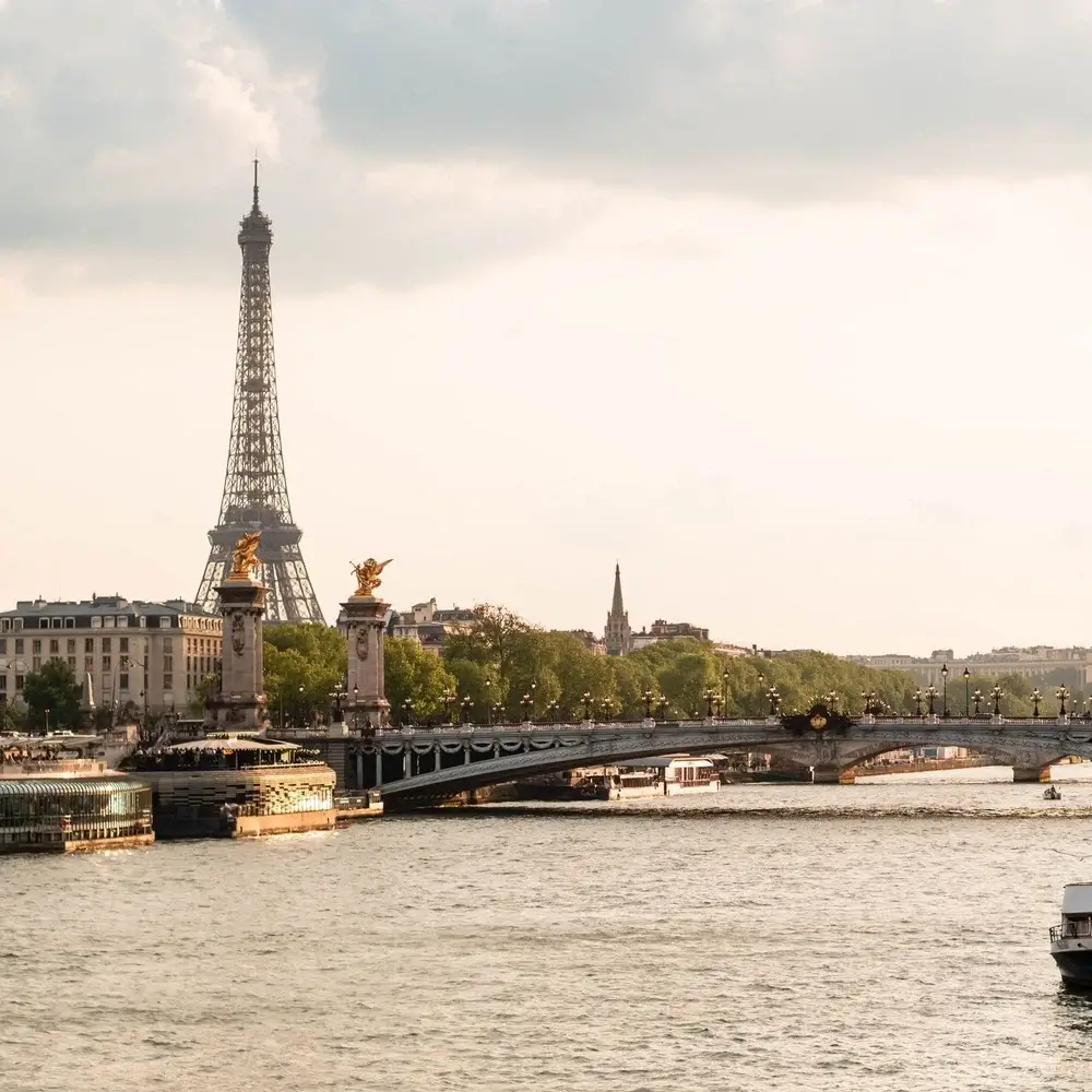 Paris rooftops and the Eiffel Tower above a tree-lined boulevard